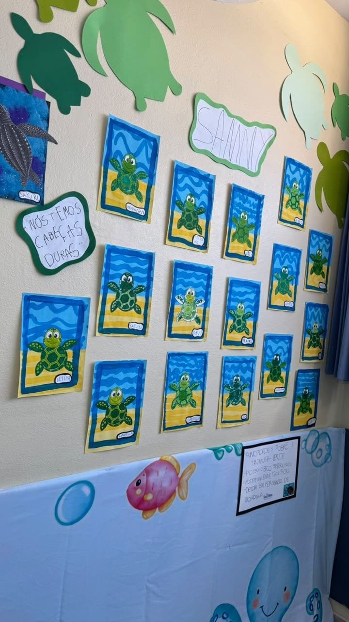 Desenhos de tartarugas feitos pelas crianças expostos na parede